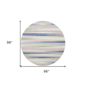 Homeroots 8' Ivory Tan And Blue Striped Round Rug  Polypropylene 552335