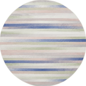Homeroots 8' Ivory Tan And Blue Striped Round Rug  Polypropylene 552335