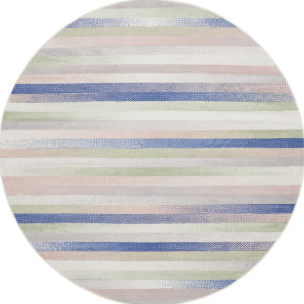 Homeroots 8' Ivory Tan And Blue Striped Round Rug  Polypropylene 552335