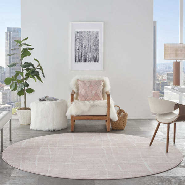 HomeRoots 8' Pink and Ivory Abstract Rug - Modern Design for Kids and Pets, Durable, Stain Resistant, Soft Touch 8' Round 552336