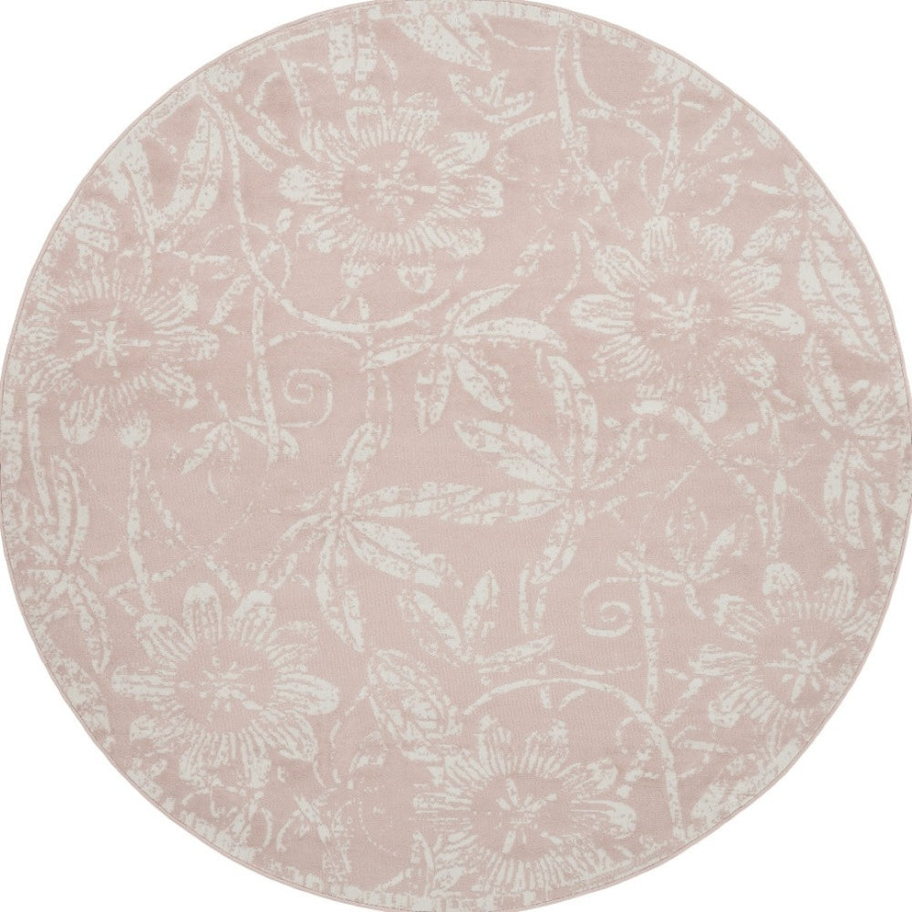 HomeRoots 8' Floral Distressed Area Rug in Soft Pink and Ivory - Durable, Stain-Resistant, Cottage Charm 8' Round 552337