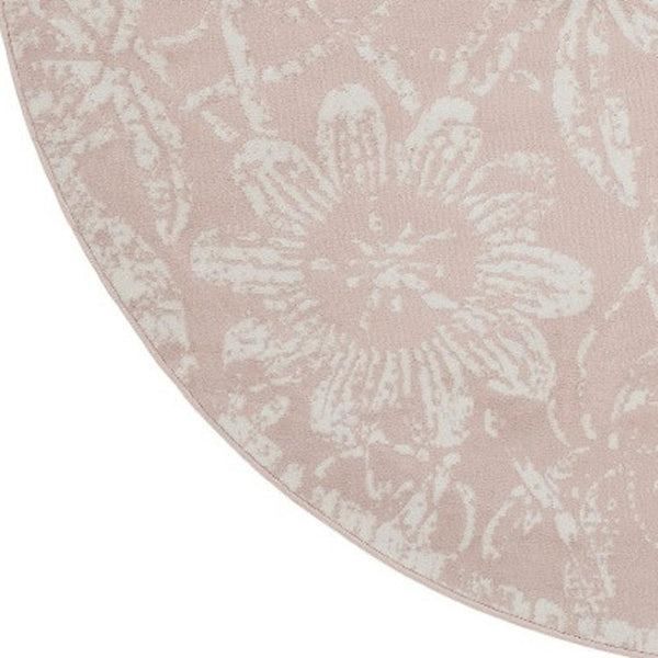 HomeRoots 8' Floral Distressed Area Rug in Soft Pink and Ivory - Durable, Stain-Resistant, Cottage Charm 8' Round 552337