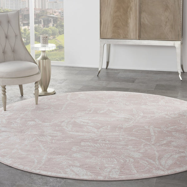HomeRoots 8' Floral Distressed Area Rug in Soft Pink and Ivory - Durable, Stain-Resistant, Cottage Charm 8' Round 552337