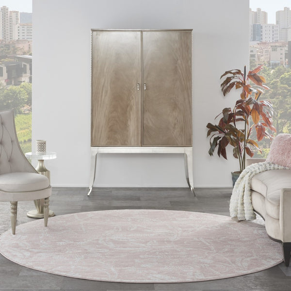 HomeRoots 8' Floral Distressed Area Rug in Soft Pink and Ivory - Durable, Stain-Resistant, Cottage Charm 8' Round 552337