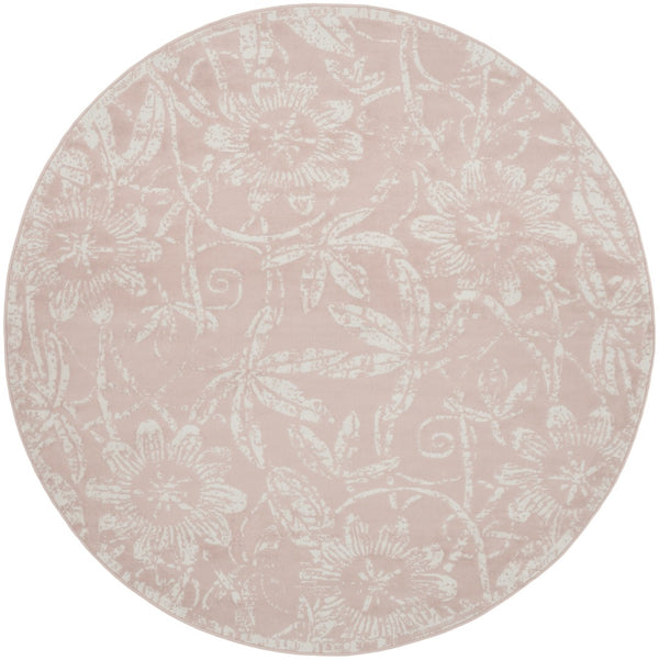 HomeRoots 8' Floral Distressed Area Rug in Soft Pink and Ivory - Durable, Stain-Resistant, Cottage Charm 8' Round 552337