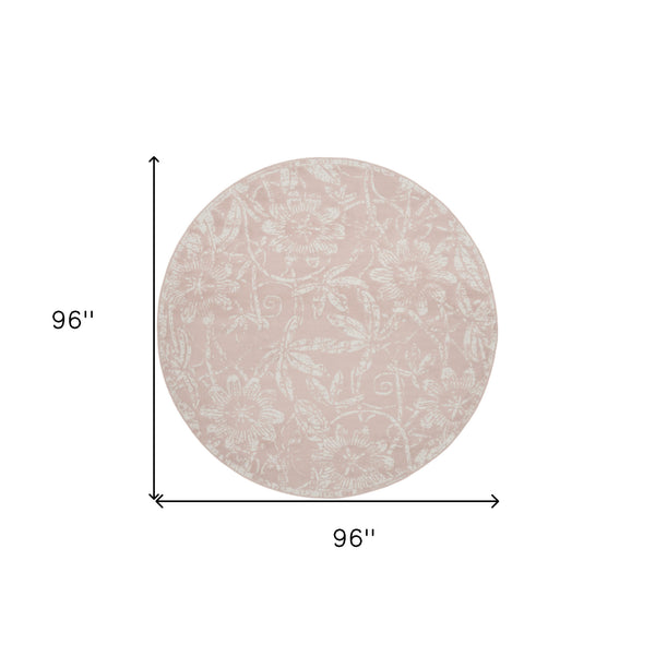 Homeroots 8' Pink And Ivory Floral Distressed Round Rug  Polypropylene 552337