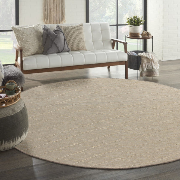 HomeRoots 8' Round Geometric Area Rug in Natural & Light Brown – Stylish Indoor/Outdoor Essential for Any Space 552338