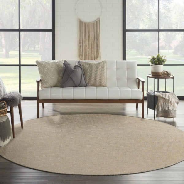 HomeRoots 8' Round Geometric Area Rug in Natural & Light Brown – Stylish Indoor/Outdoor Essential for Any Space 552338