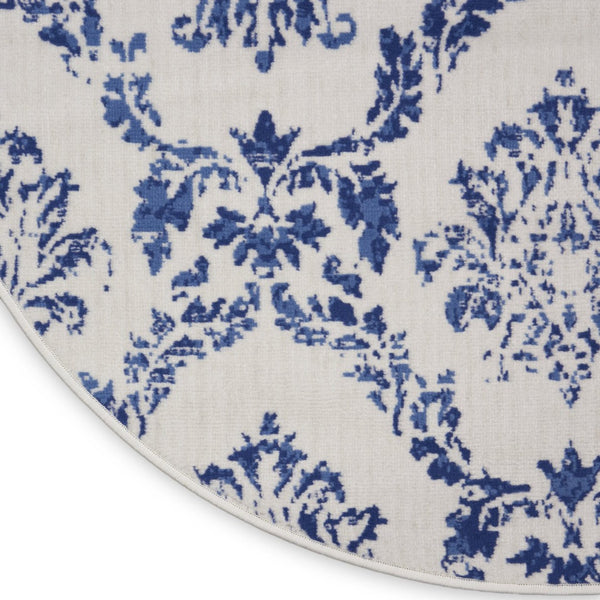 HomeRoots 8' Elegant Ivory and Navy Blue Damask Rug - Durable, Stain-Resistant for Modern Homes with Style 8' Round 552339