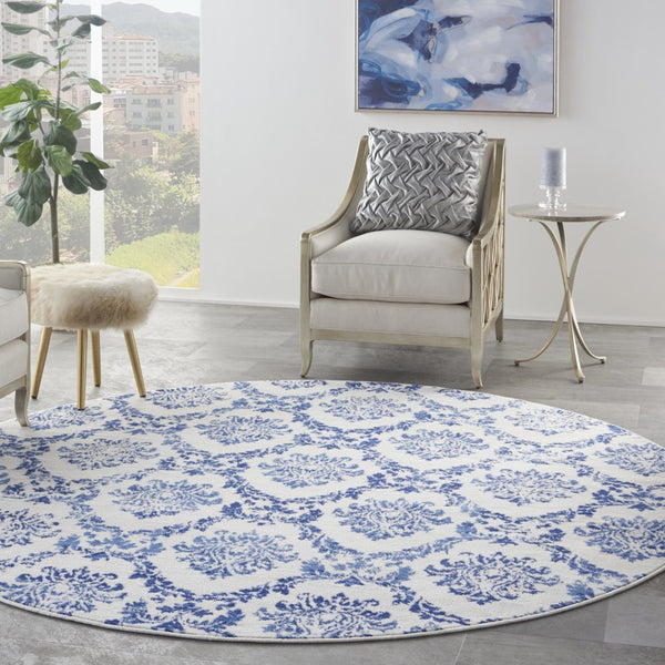 HomeRoots 8' Elegant Ivory and Navy Blue Damask Rug - Durable, Stain-Resistant for Modern Homes with Style 8' Round 552339