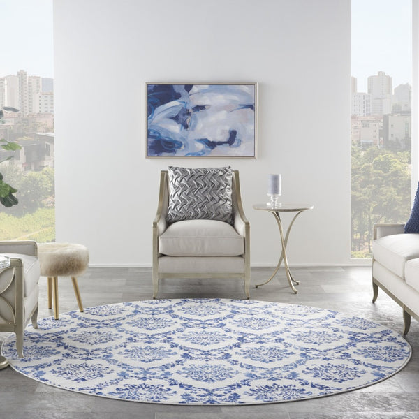 HomeRoots 8' Elegant Ivory and Navy Blue Damask Rug - Durable, Stain-Resistant for Modern Homes with Style 8' Round 552339