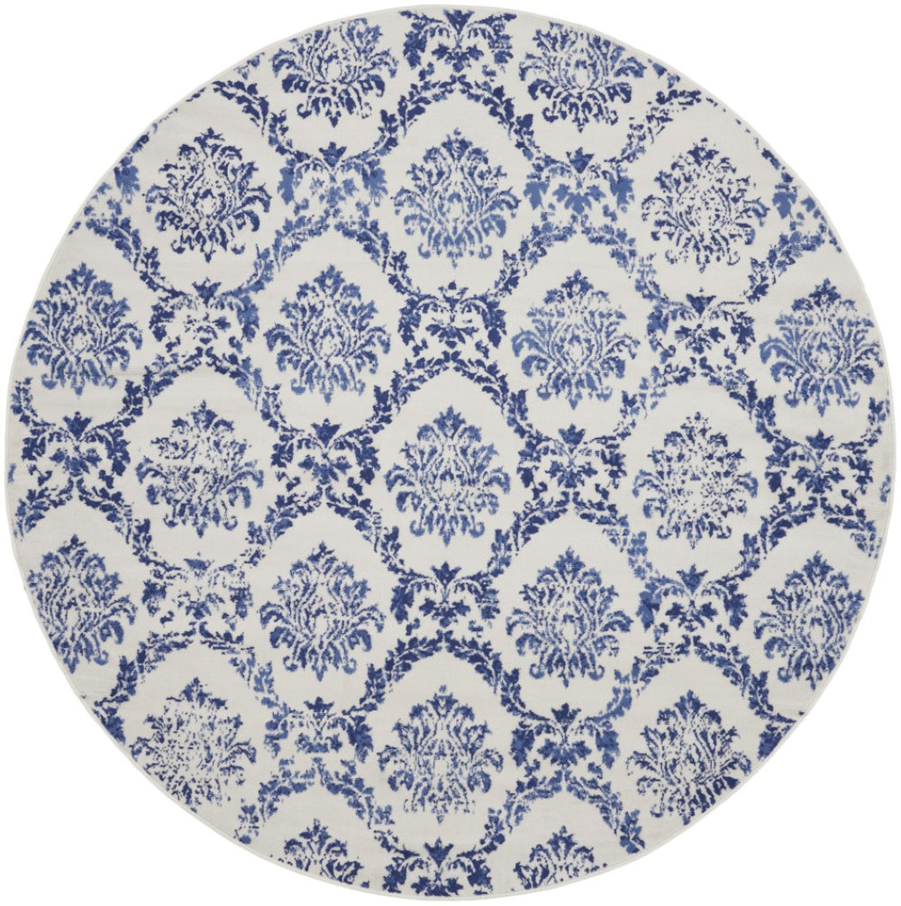 HomeRoots 8' Elegant Ivory and Navy Blue Damask Rug - Durable, Stain-Resistant for Modern Homes with Style 8' Round 552339