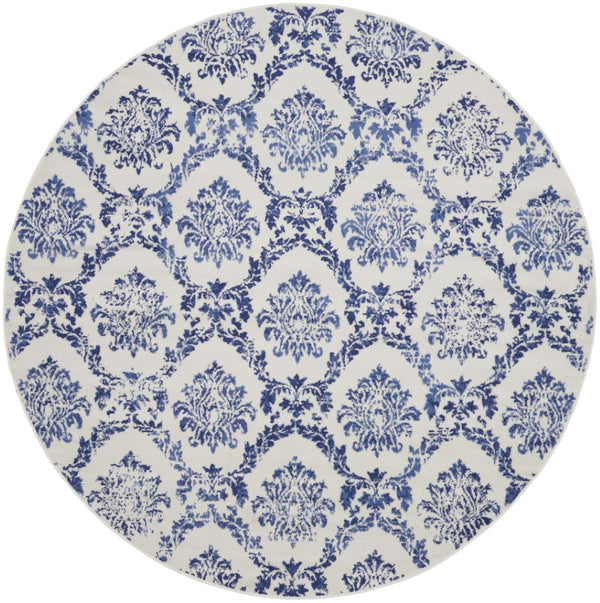 HomeRoots 8' Elegant Ivory and Navy Blue Damask Rug - Durable, Stain-Resistant for Modern Homes with Style 8' Round 552339