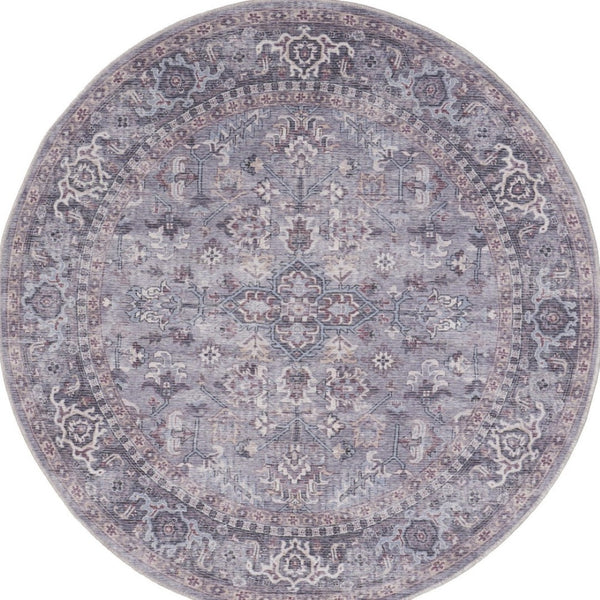HomeRoots 8' Gray Floral Area Rug - Distressed Power Loomed Design for Elegant Living Room and Bedroom Decor 8' Round 552340