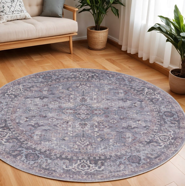 HomeRoots 8' Gray Floral Area Rug - Distressed Power Loomed Design for Elegant Living Room and Bedroom Decor 8' Round 552340