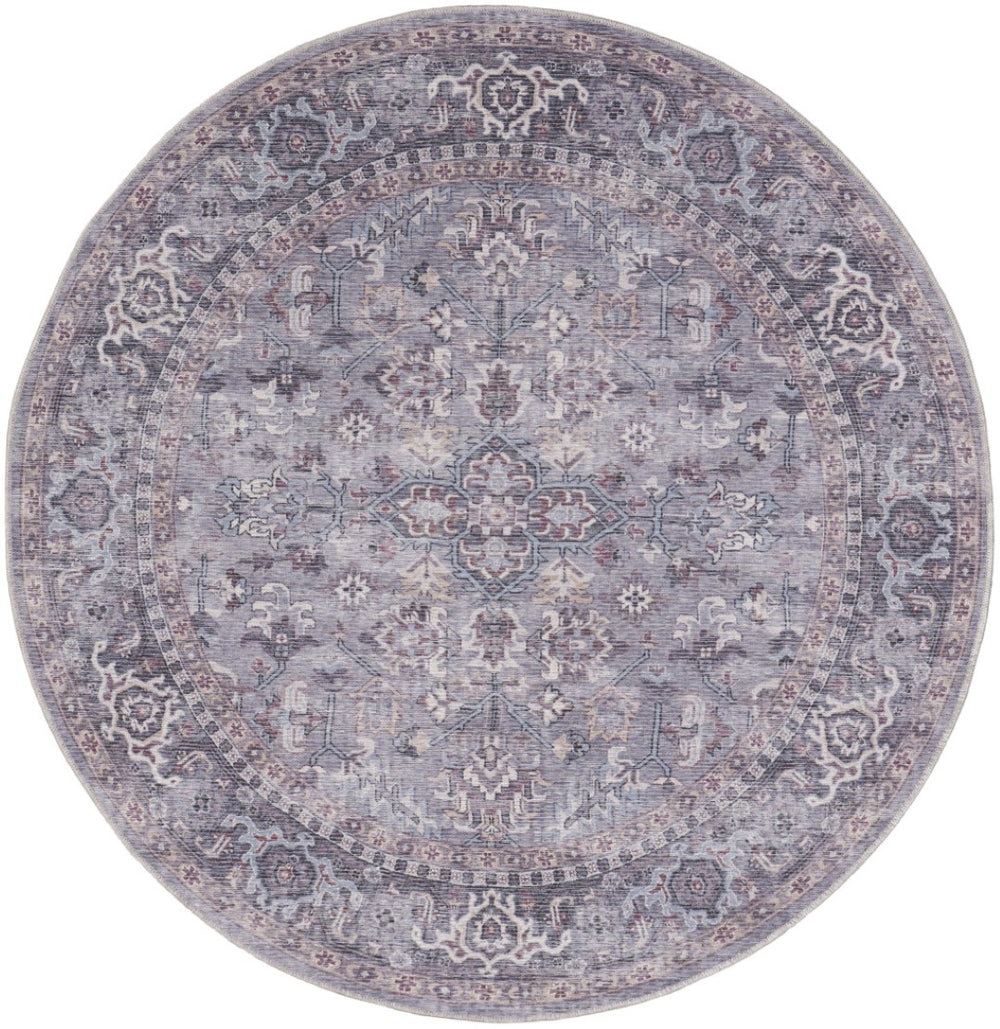 HomeRoots 8' Gray Floral Area Rug - Distressed Power Loomed Design for Elegant Living Room and Bedroom Decor 8' Round 552340
