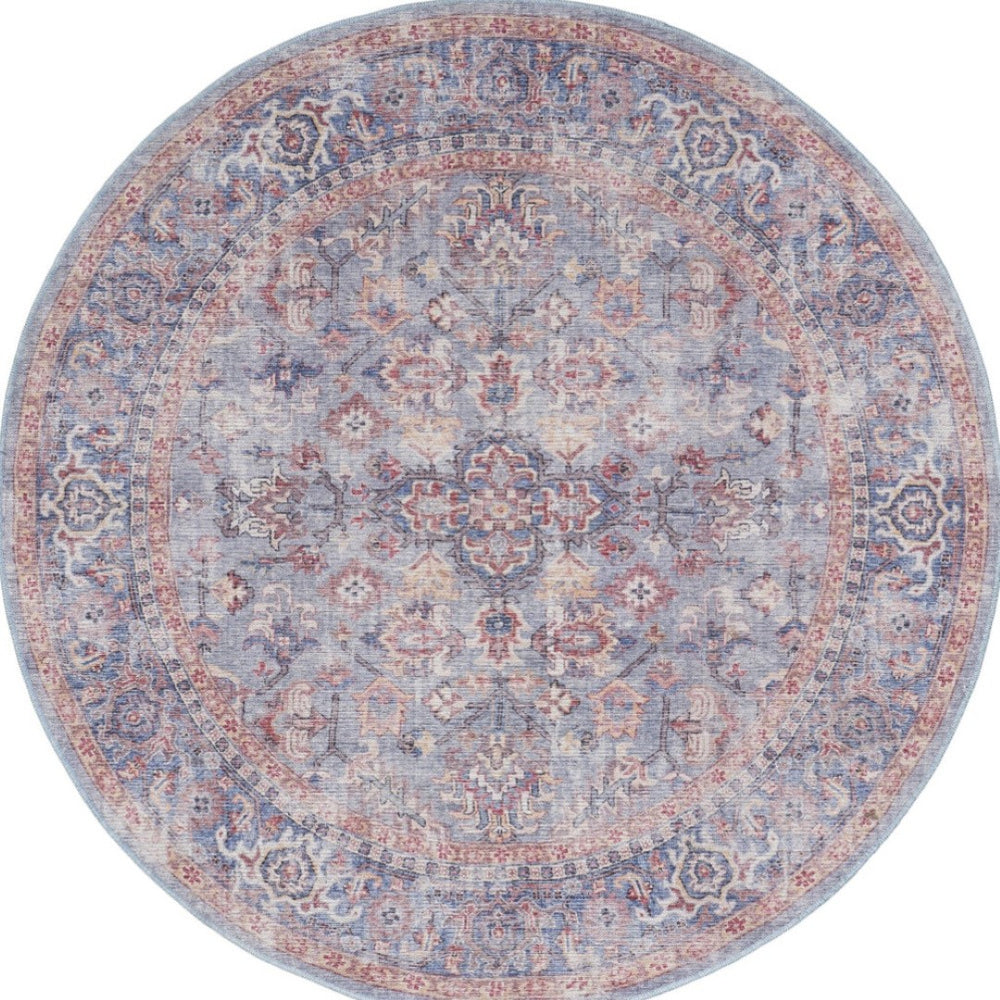 HomeRoots 8' Blue and Red Floral Distressed Area Rug - Vintage Charm for Living Spaces with Modern Appeal 8' Round 552341