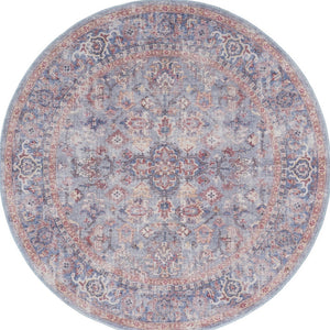 HomeRoots 8' Blue and Red Floral Distressed Area Rug - Vintage Charm for Living Spaces with Modern Appeal 8' Round 552341