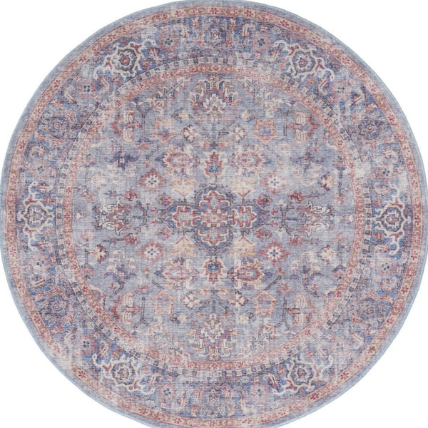 HomeRoots 8' Blue and Red Floral Distressed Area Rug - Vintage Charm for Living Spaces with Modern Appeal 8' Round 552341