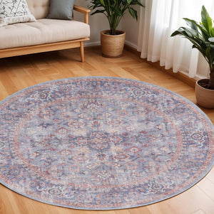 HomeRoots 8' Blue and Red Floral Distressed Area Rug - Vintage Charm for Living Spaces with Modern Appeal 8' Round 552341