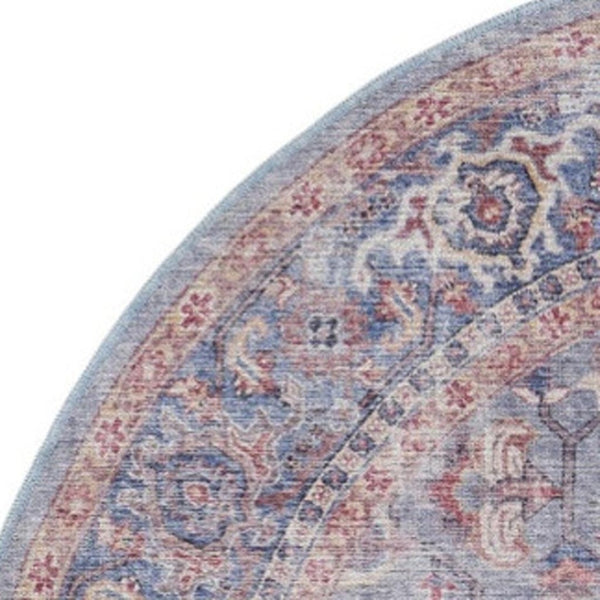 HomeRoots 8' Blue and Red Floral Distressed Area Rug - Vintage Charm for Living Spaces with Modern Appeal 8' Round 552341