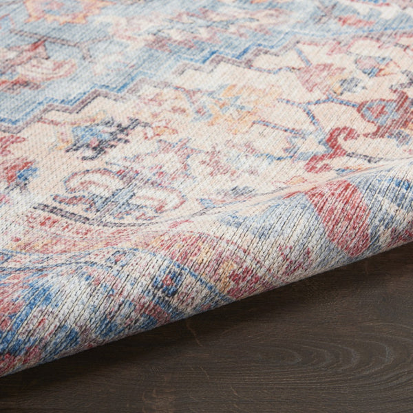 HomeRoots 8' Blue and Red Floral Distressed Area Rug - Vintage Charm for Living Spaces with Modern Appeal 8' Round 552341