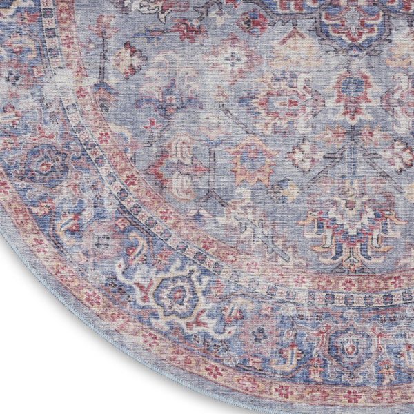 HomeRoots 8' Blue and Red Floral Distressed Area Rug - Vintage Charm for Living Spaces with Modern Appeal 8' Round 552341