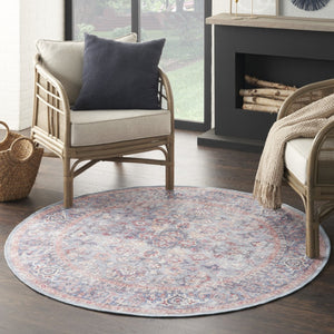 HomeRoots 8' Blue and Red Floral Distressed Area Rug - Vintage Charm for Living Spaces with Modern Appeal 8' Round 552341