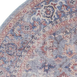 HomeRoots 8' Blue and Red Floral Distressed Area Rug - Vintage Charm for Living Spaces with Modern Appeal 8' Round 552341