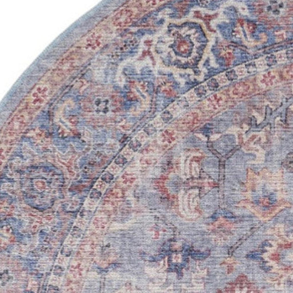 HomeRoots 8' Blue and Red Floral Distressed Area Rug - Vintage Charm for Living Spaces with Modern Appeal 8' Round 552341