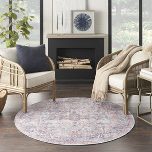 HomeRoots 8' Blue and Red Floral Distressed Area Rug - Vintage Charm for Living Spaces with Modern Appeal 8' Round 552341