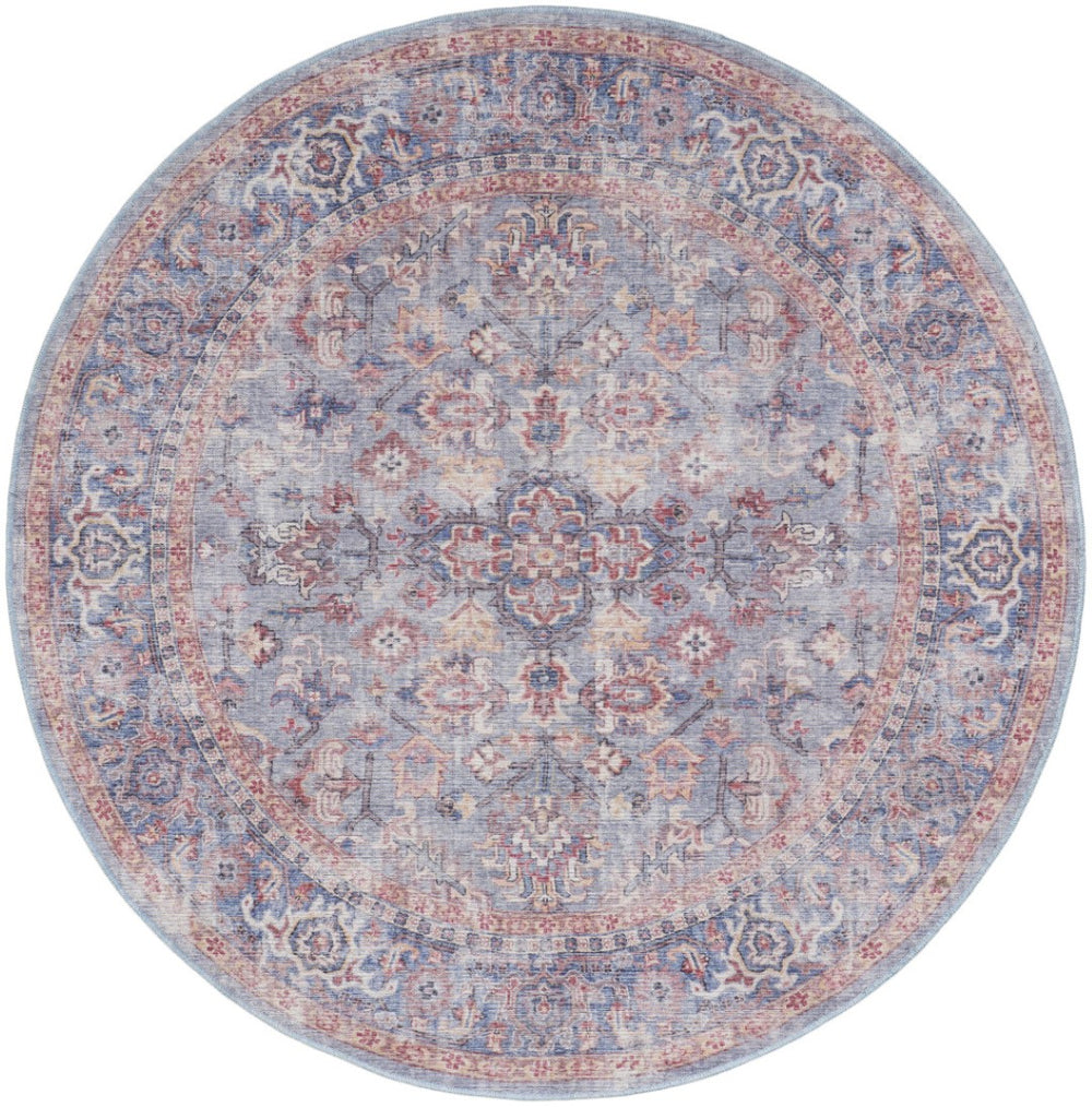 HomeRoots 8' Blue and Red Floral Distressed Area Rug - Vintage Charm for Living Spaces with Modern Appeal 8' Round 552341