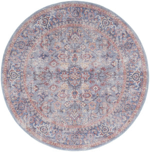 HomeRoots 8' Blue and Red Floral Distressed Area Rug - Vintage Charm for Living Spaces with Modern Appeal 8' Round 552341
