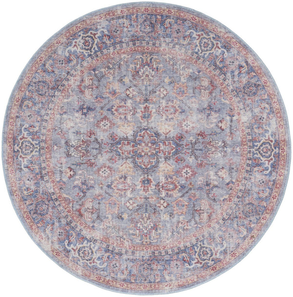 HomeRoots 8' Blue and Red Floral Distressed Area Rug - Vintage Charm for Living Spaces with Modern Appeal 8' Round 552341