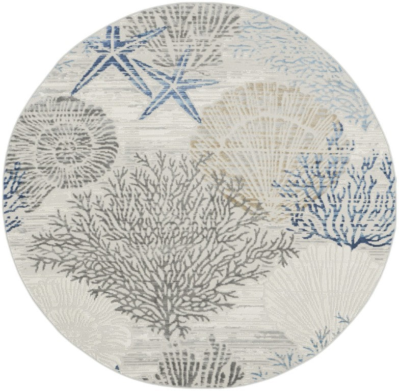 HomeRoots 8 Ft Round Coastal Seashell Motif Area Rug Power Loomed Polypropylene with Non Slip Backing 552343