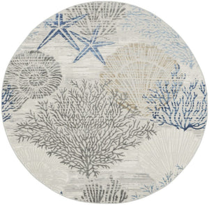 HomeRoots 8 Ft Round Coastal Seashell Motif Area Rug Power Loomed Polypropylene with Non Slip Backing 552343