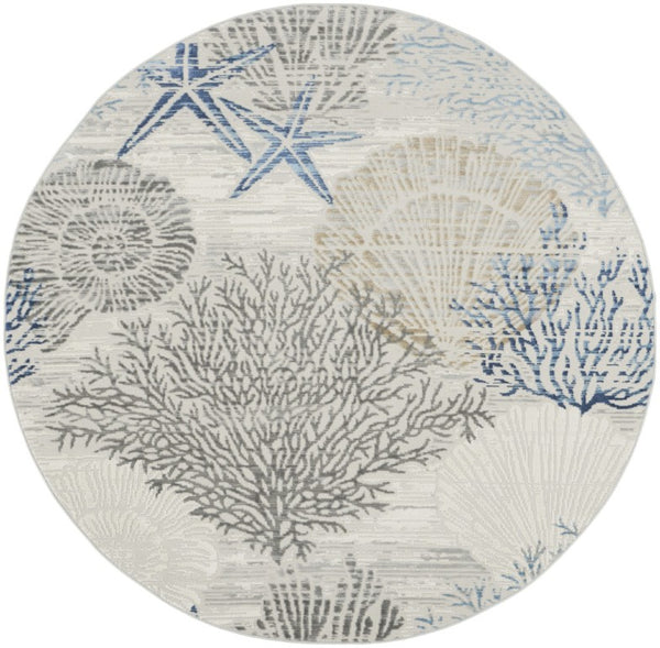 HomeRoots 8 Ft Round Coastal Seashell Motif Area Rug Power Loomed Polypropylene with Non Slip Backing 552343