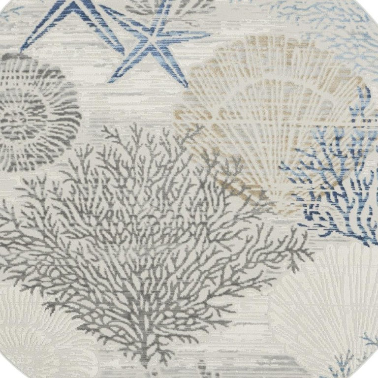 HomeRoots 8 Ft Round Coastal Seashell Motif Area Rug Power Loomed Polypropylene with Non Slip Backing 552343
