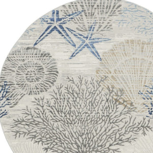 8 Ft Round Coastal Seashell Motif Area Rug Power Loomed Polypropylene with Non Slip Backing