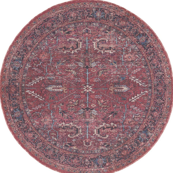 HomeRoots 8' Beige and Red Floral Area Rug – Distressed Vintage Design for Timeless Charm in Any Space 8' Round 552344