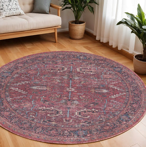 HomeRoots 8' Beige and Red Floral Area Rug – Distressed Vintage Design for Timeless Charm in Any Space 8' Round 552344