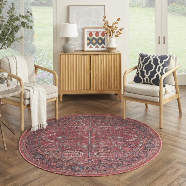 HomeRoots 8' Beige and Red Floral Area Rug – Distressed Vintage Design for Timeless Charm in Any Space 8' Round 552344