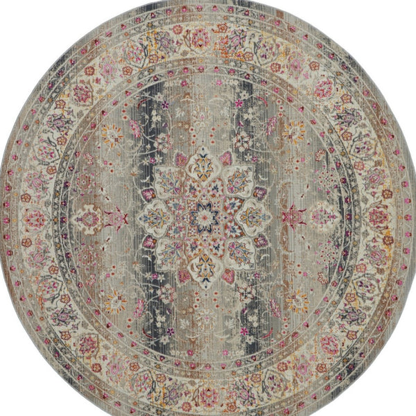 Homeroots 6' Ivory Brown And Gray Floral Distressed Round Rug - Durable, Stain-resistant, Stylish Home Essential  Polypropylene 552345