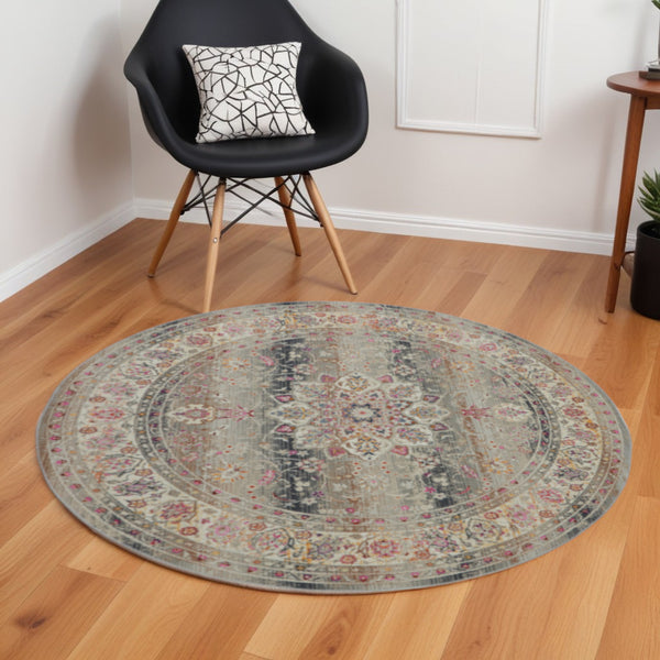 Homeroots 6' Ivory Brown And Gray Floral Distressed Round Rug - Durable, Stain-resistant, Stylish Home Essential  Polypropylene 552345