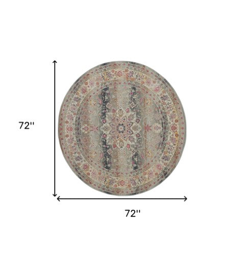 Homeroots 6' Ivory Brown And Gray Floral Distressed Round Rug - Durable, Stain-resistant, Stylish Home Essential  Polypropylene 552345