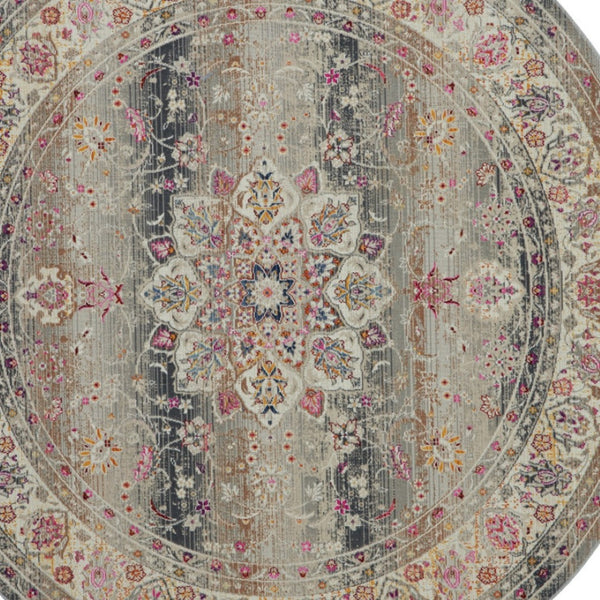 Homeroots 6' Ivory Brown And Gray Floral Distressed Round Rug - Durable, Stain-resistant, Stylish Home Essential  Polypropylene 552345