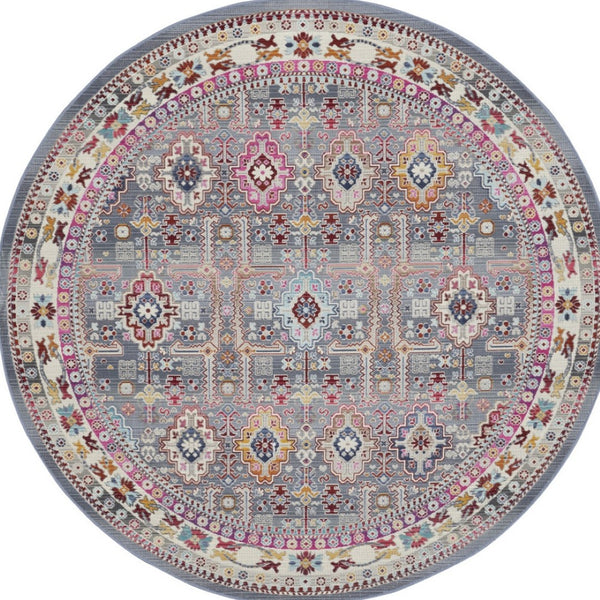 Homeroots 6' Ivory Pink And Gray Floral Distressed Round Rug - Durable, Stylish, Stain-resistant, Perfect For Homes  Polypropylene 552346