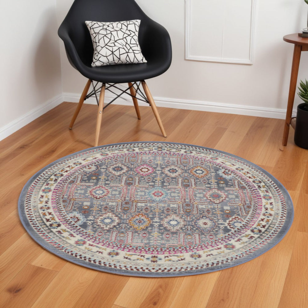 Homeroots 6' Ivory Pink And Gray Floral Distressed Round Rug - Durable, Stylish, Stain-resistant, Perfect For Homes  Polypropylene 552346