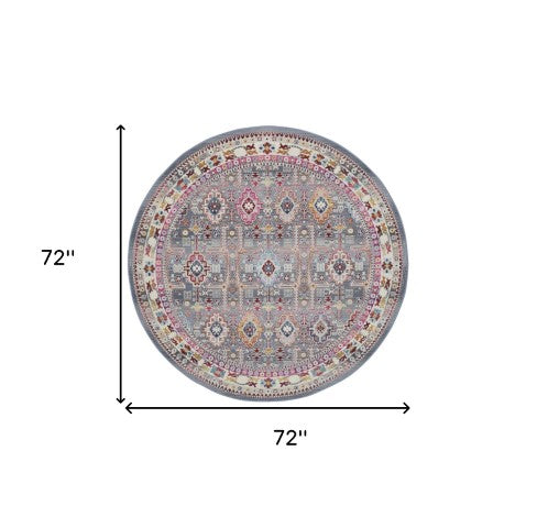 Homeroots 6' Ivory Pink And Gray Floral Distressed Round Rug - Durable, Stylish, Stain-resistant, Perfect For Homes  Polypropylene 552346