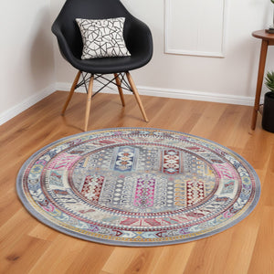 Homeroots 6' Ivory Gray And Red Floral Distressed Round Rug - Durable, Stain-resistant, Stylish Home Accent  Polypropylene 552347